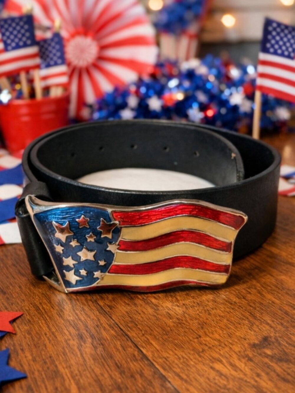 Patriotic Black Belt w/Whimsical American USA Flag Buckle S Western Rodeo Cowboy